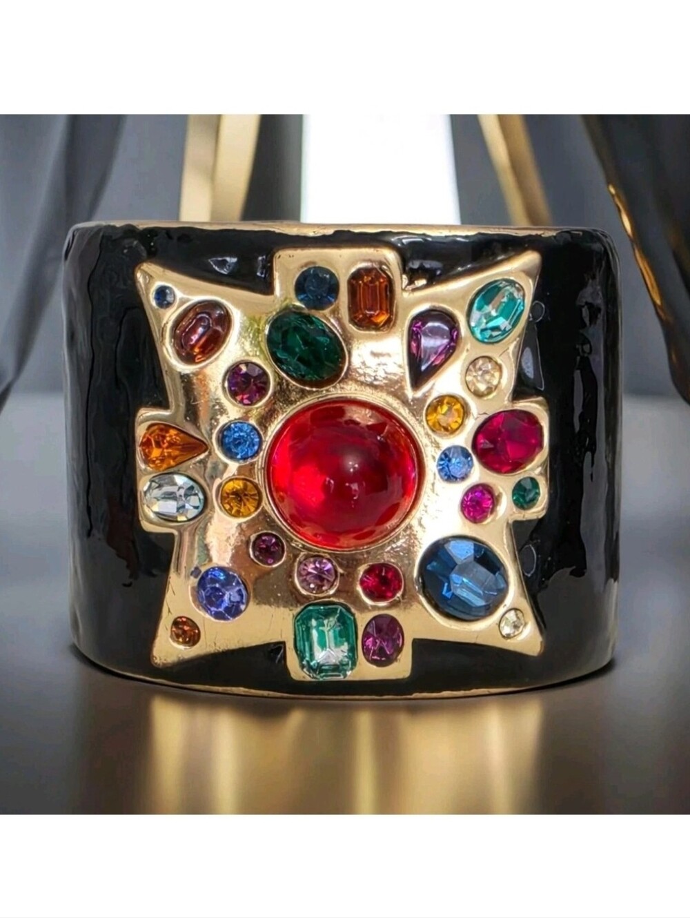Vintage Kenneth Jay Lane KJL Maltese Cross Bracelet Signed Cuff Bullet Cabochon - Picture 1 of 16